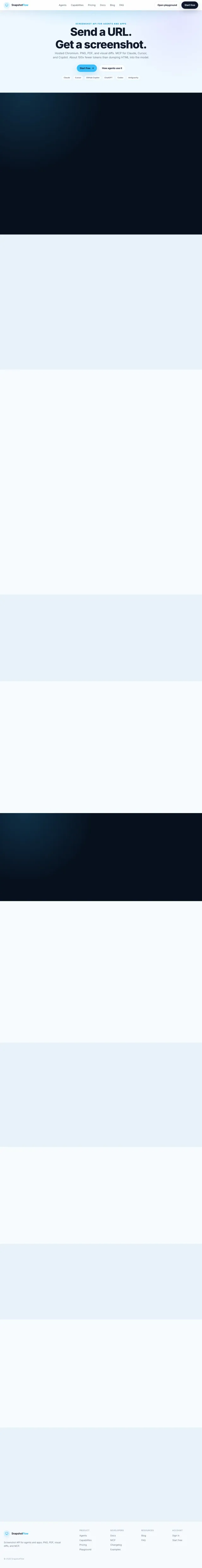 Full-page capture of the SnapshotFlow homepage with blank sections caused by scroll animations