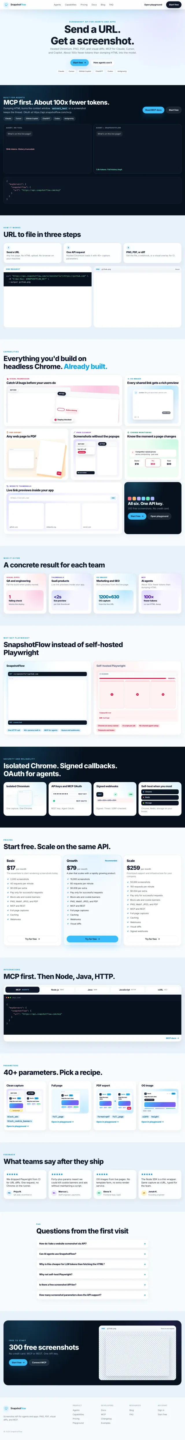 Full-page capture of the SnapshotFlow homepage with all sections visible after a CSS fix