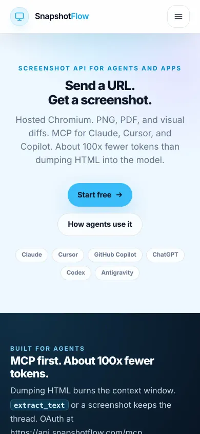Mobile screenshot of the SnapshotFlow homepage at 390 by 844 pixels with mobile emulation