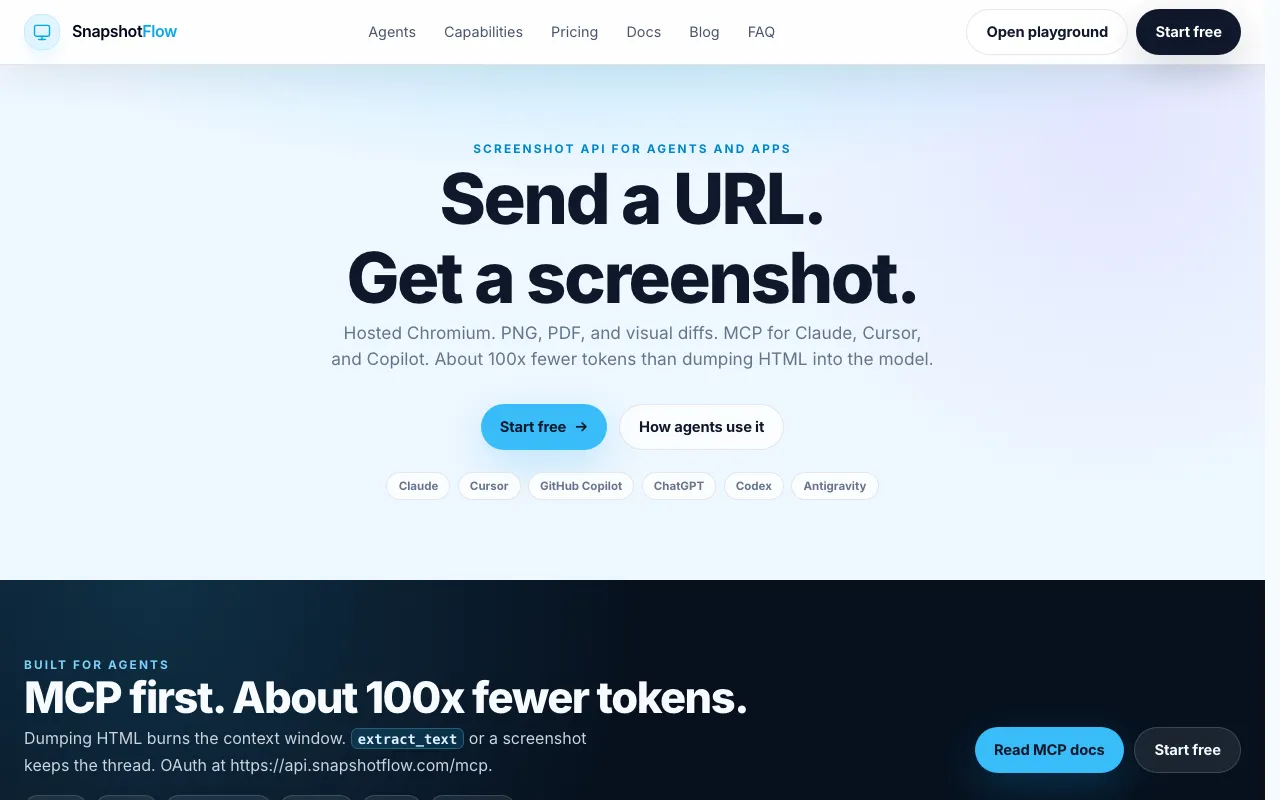 SnapshotFlow homepage, desktop screenshot at 1280×800 made with the SnapshotFlow API
