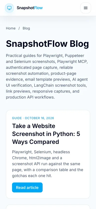 Mobile preview of the SnapshotFlow blog at 390 by 844 pixels with mobile emulation