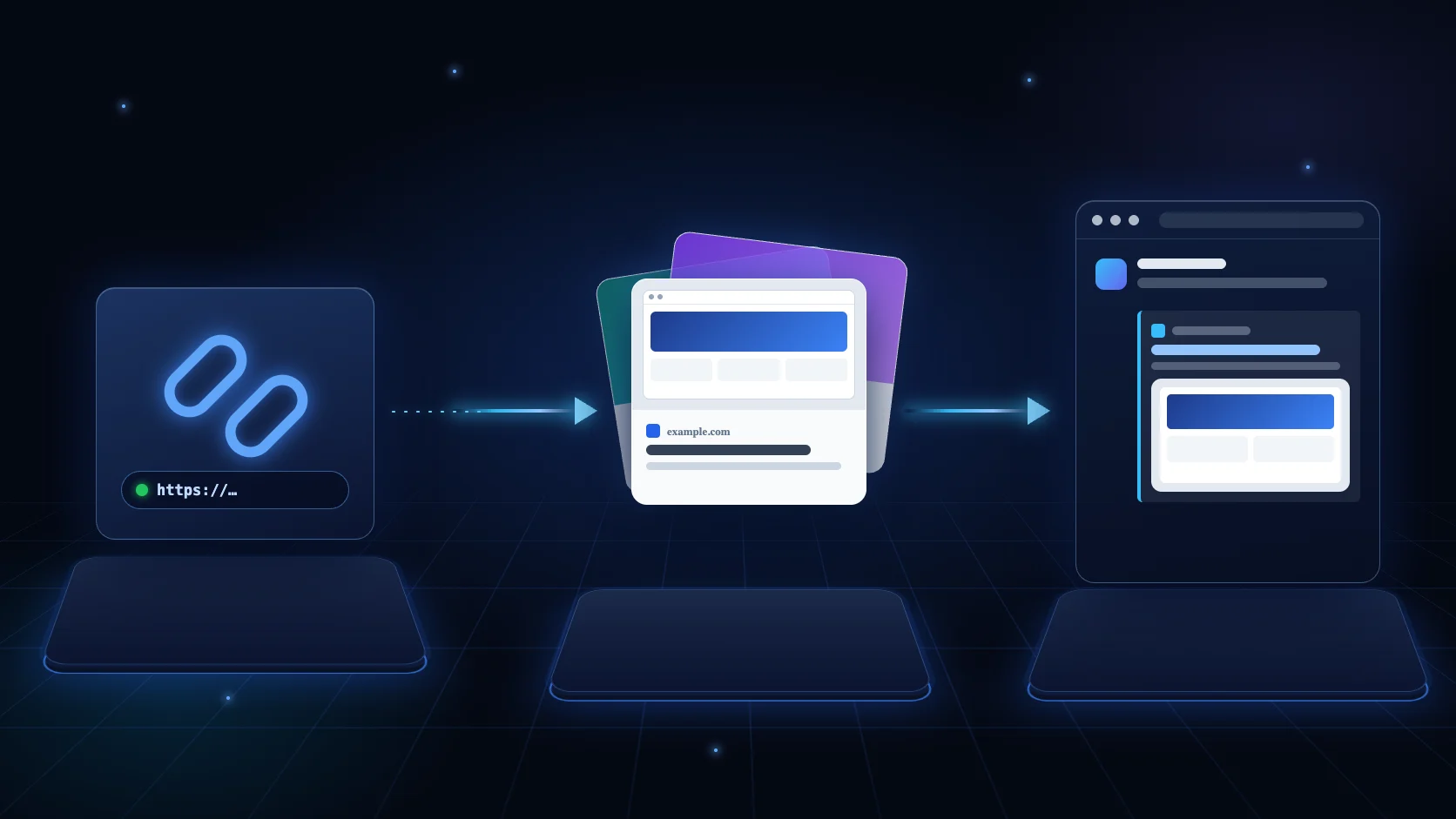 A pasted link turns into preview cards and appears as a rich link unfurl inside a chat window