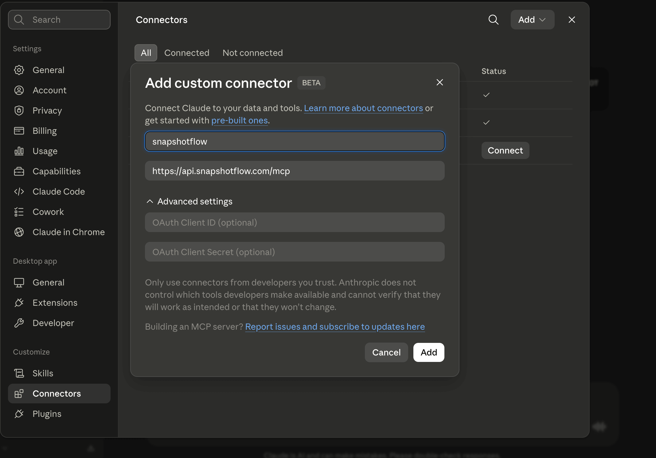 Claude × SnapshotFlow MCP: Add custom connector dialog with snapshotflow and https://api.snapshotflow.com/mcp entered