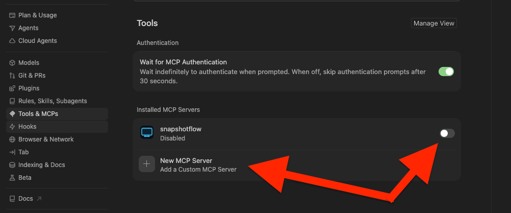Cursor Tools and MCPs settings with the SnapshotFlow MCP server and New MCP Server option