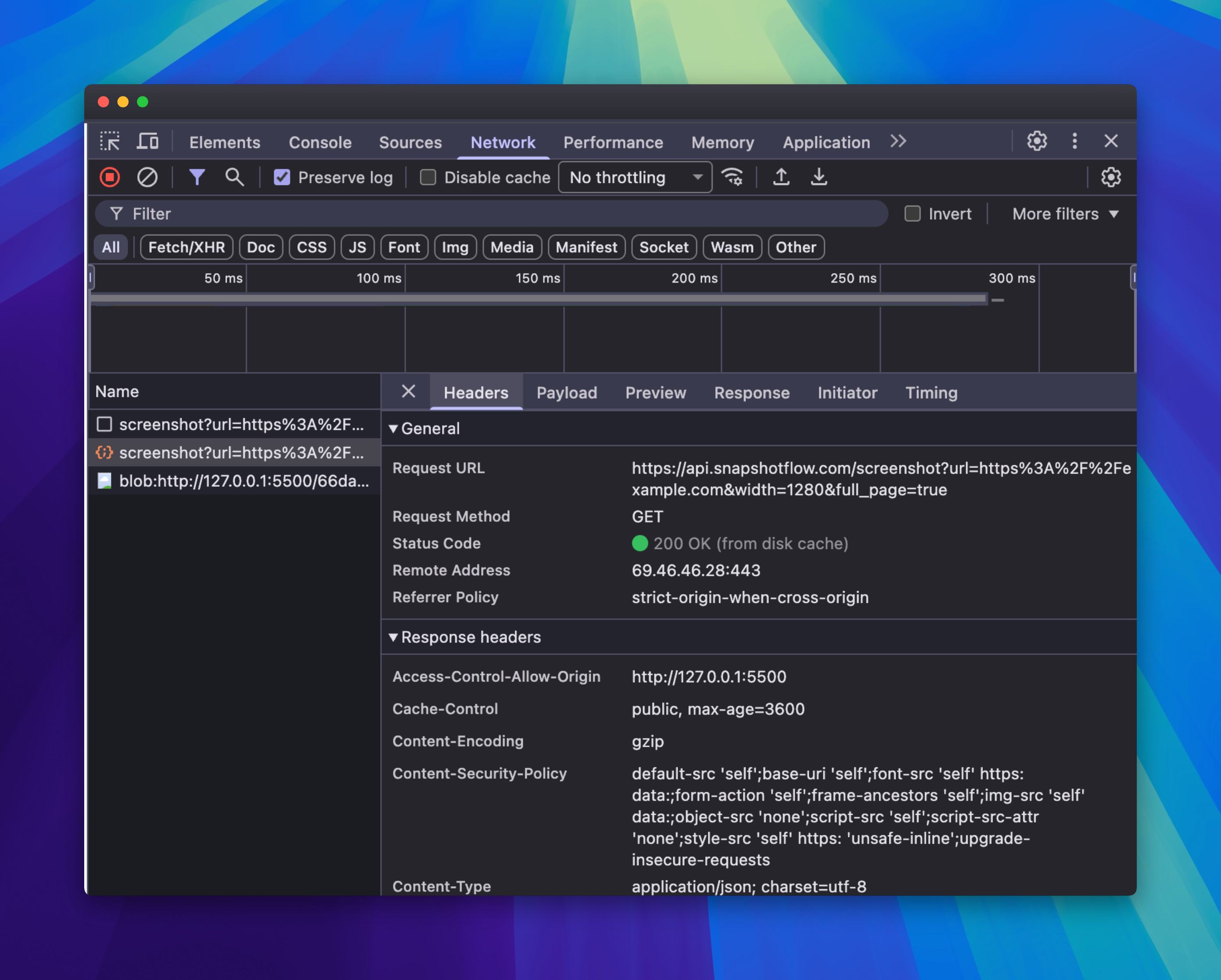 Chrome DevTools Network tab showing a 200 OK response from GET /screenshot with JSON content-type and CORS headers