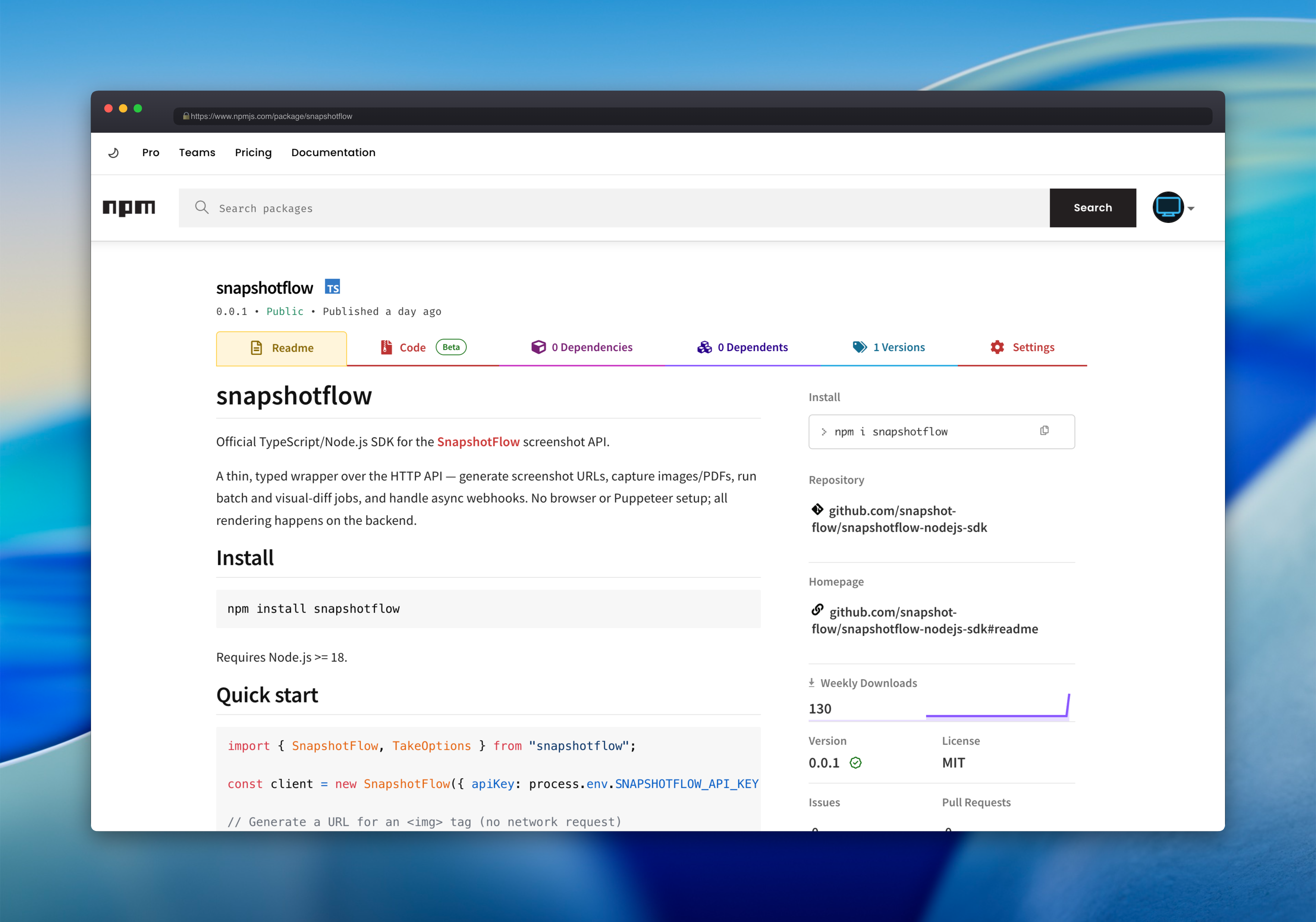 The snapshotflow package page on npmjs.com showing install instructions, quick start code, and package metadata